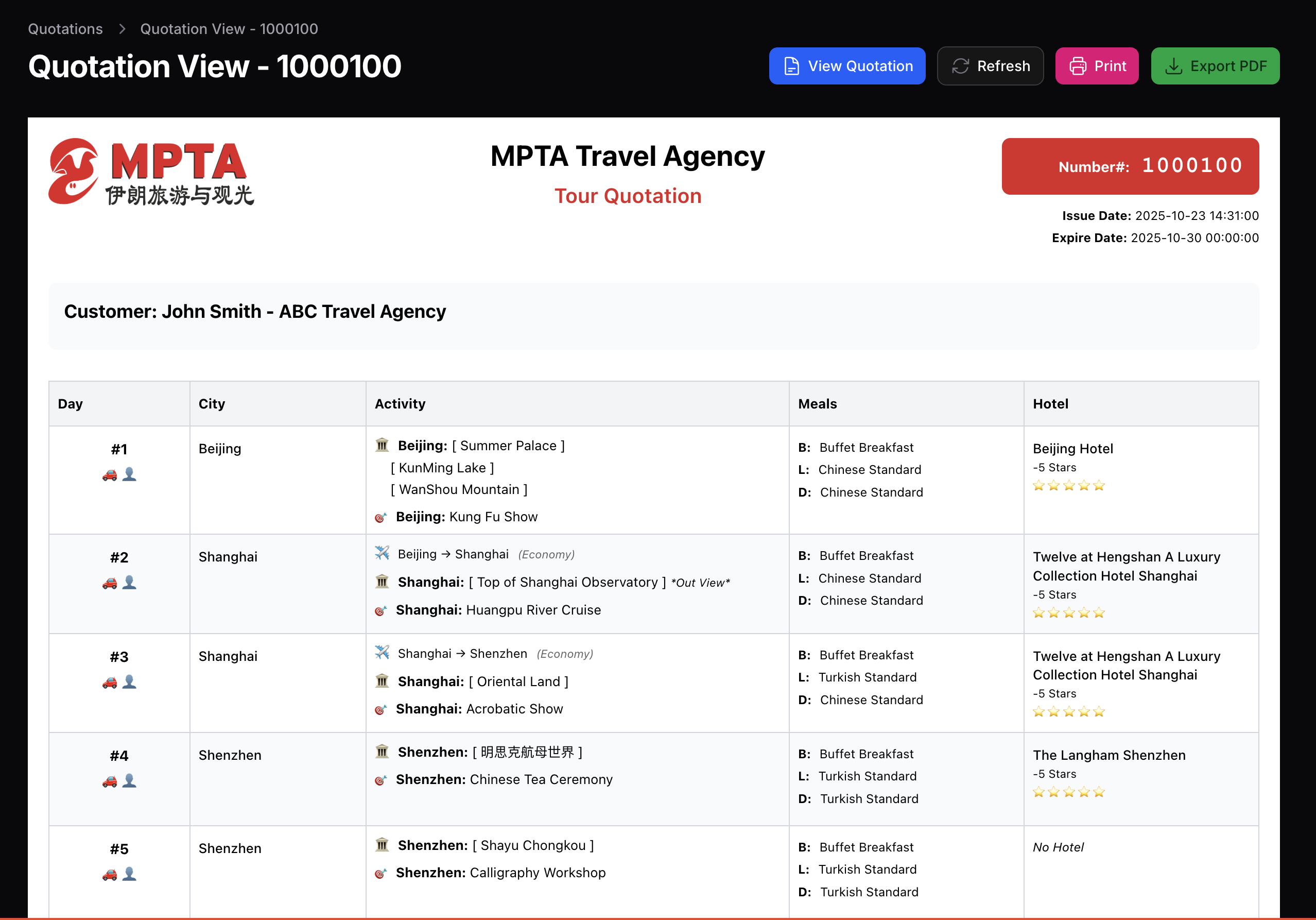 MPTA Dashboard Overview - Professional quotation system interface